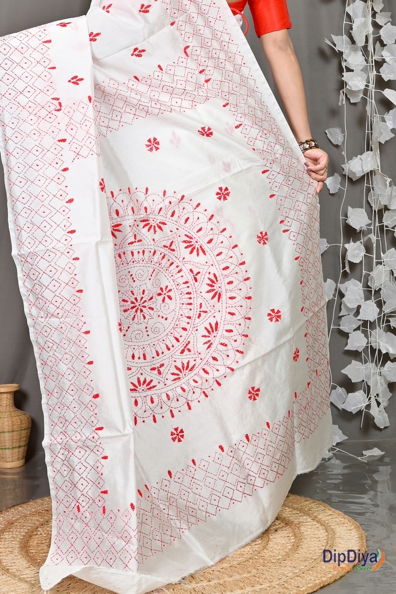 White Cotton Blended Soumika Kantha Stitch Saree (591)